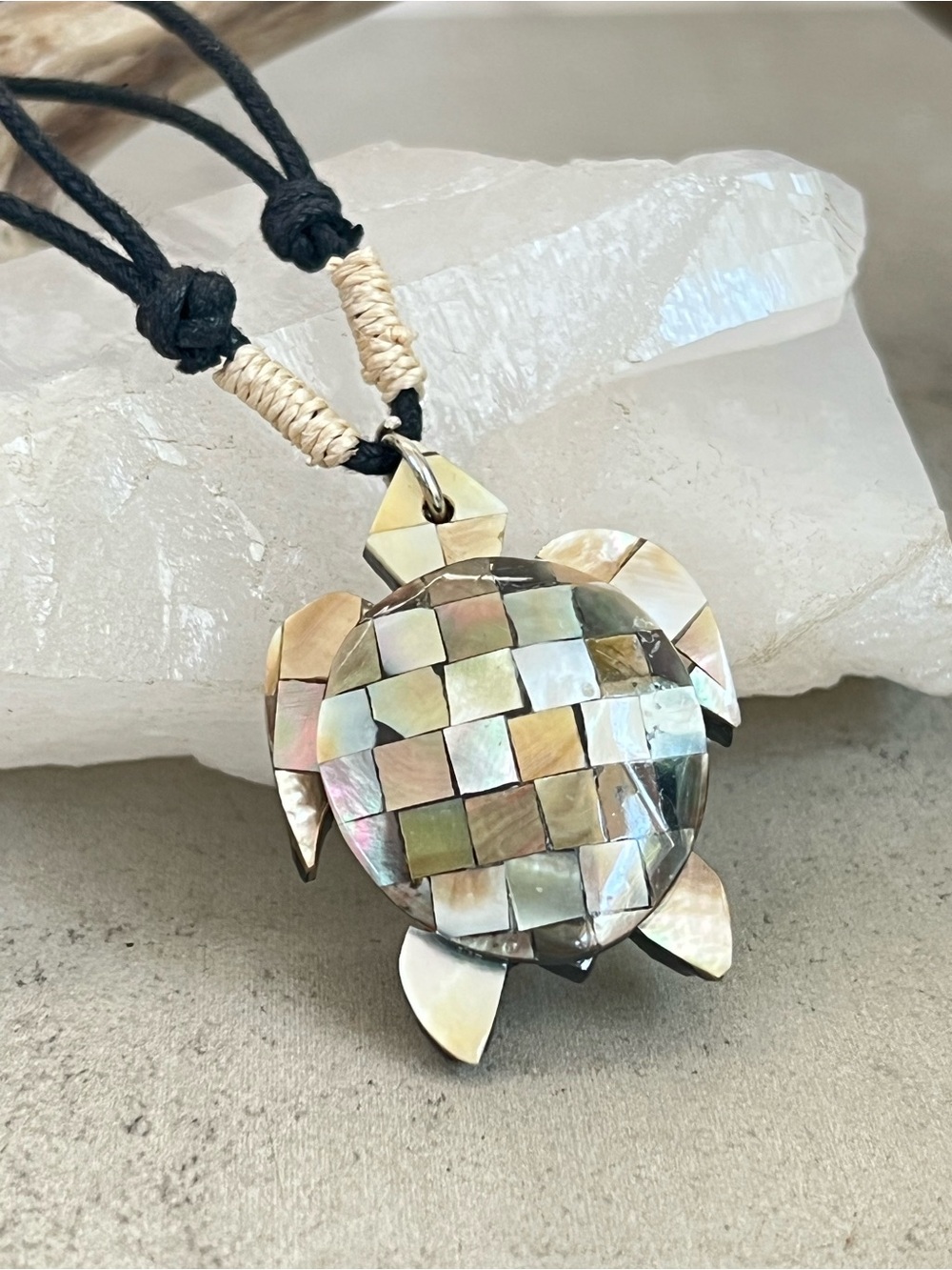 Genuine Mother of Pearl Mosaic Sea Turtle Pendant Necklace